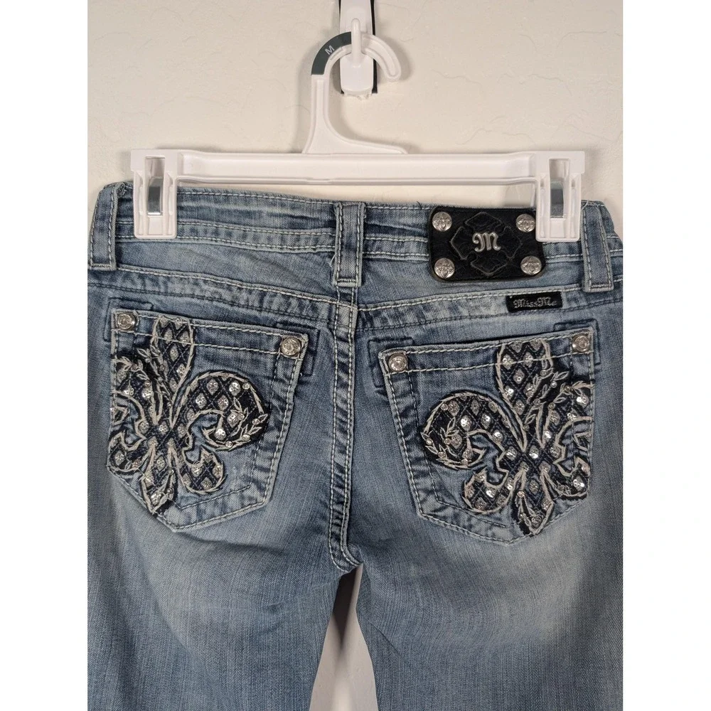 Miss Me Jeans Womens 26 Blue Skinny Stretch‎ Fleur de Lis Rhinestones JP578352